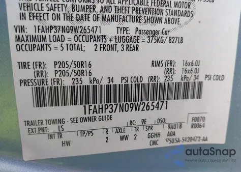 2009 Ford Focus Sel из США, поврежденный, VIN 1FAHP37N09W265471